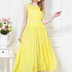 2014 Summer Women Yellow Lace Chiffon Dress..