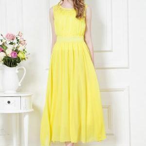 2014 Summer Women Yellow Lace Chiffon Dress..