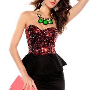 Sexy Red Sequin Sleeveless Strapless Dress Womens..