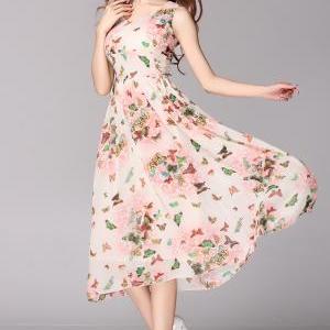 Summer V-Neck Sleeveless A-Line Print Chiffon Casual Maxi Dress on Luulla
