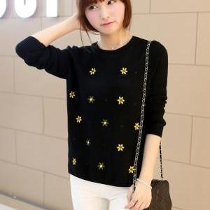 Autumn Winter O-neck Long Sleeve Floral Print Knit..