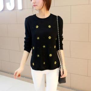 Autumn Winter O-neck Long Sleeve Floral Print Knit..