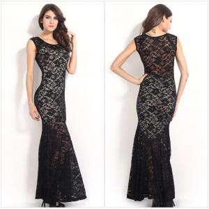 Sexy O-neck Sleeveless Hollow Out Floral Lace Maxi..