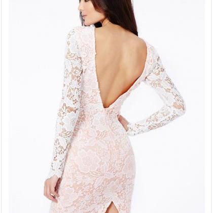 Sexy Backless Long Sleeve Floral Lace Dress Women..