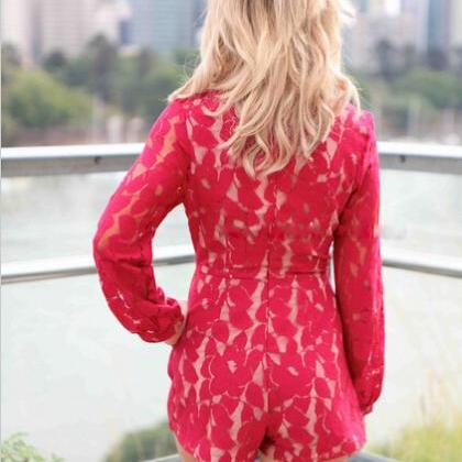 Women Sexy V-neck Long Sleeve Floral Lace Jumpsuit