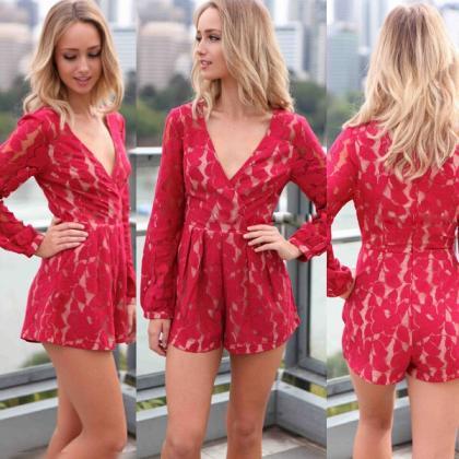 Women Sexy V-neck Long Sleeve Floral Lace Jumpsuit