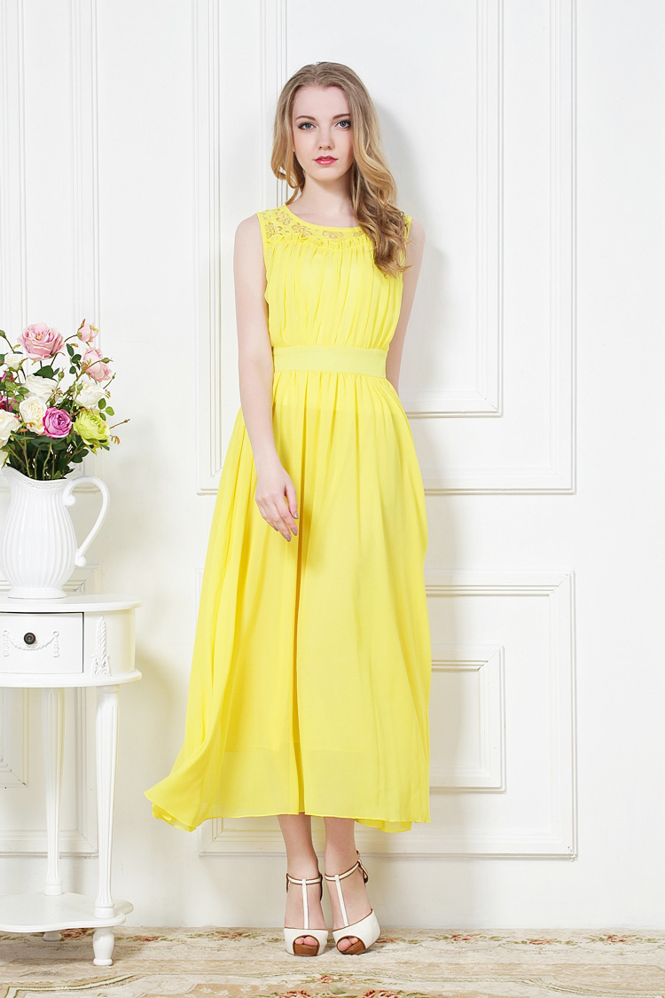 2014 Summer Women Yellow Lace Chiffon Dress Bohemian Beach Dress Sleeveless Long Dress