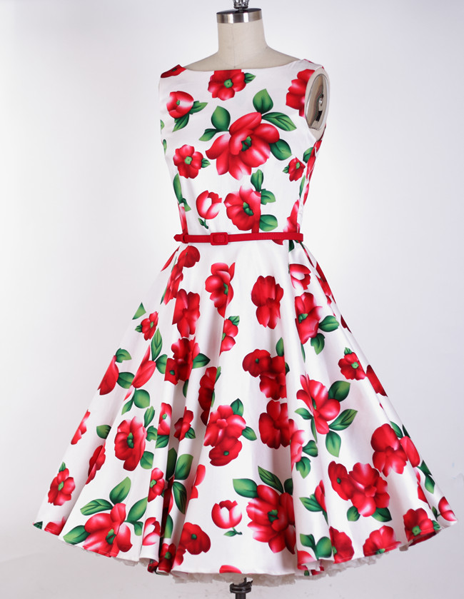 Vintage Sleeveless Tank A-line Pleated Dress Floral Print Dress