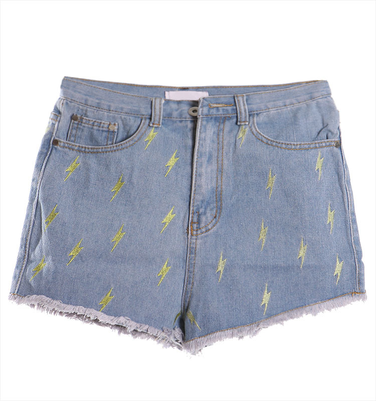2014 Summer Fashion Womens Denim Shorts Lightning Embroidered High Waist Shorts Jeans