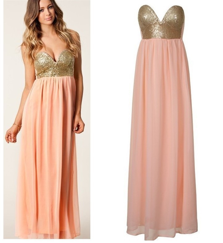 Sexy Sweetheart Strapless Sequined Chiffon Maxi Dress Women Cocktail Club Party Prom Dress
