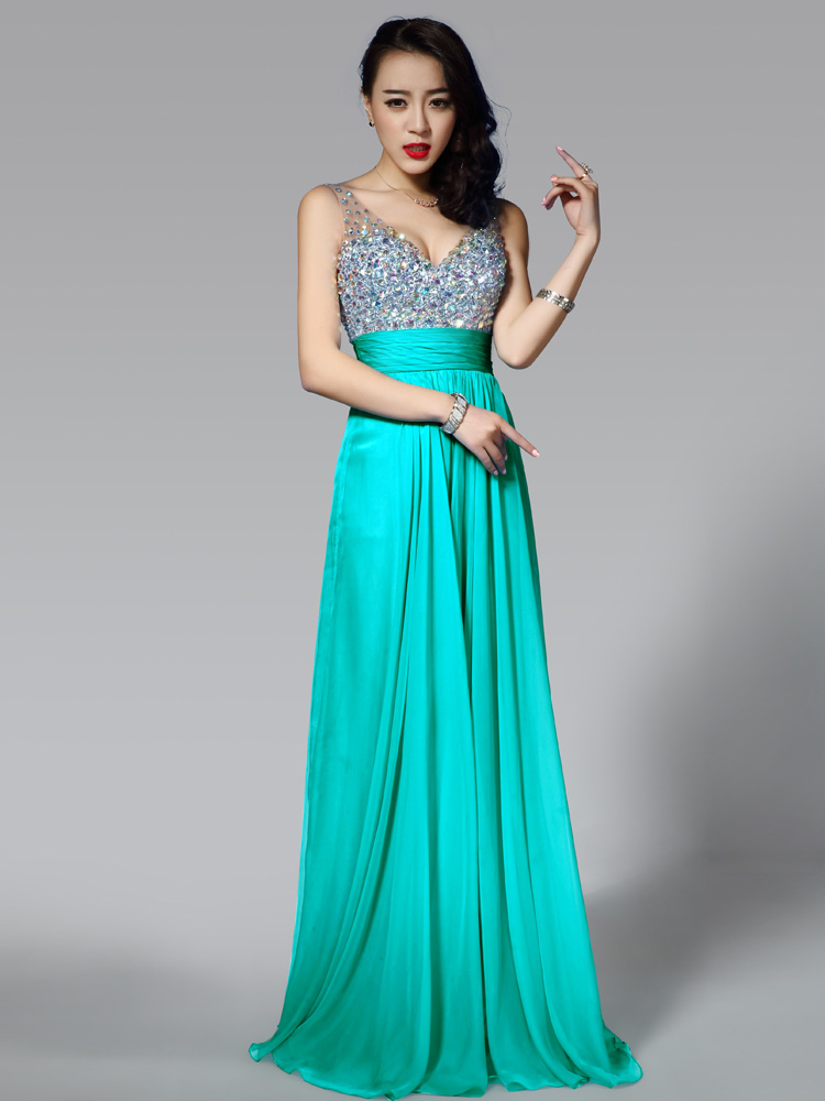 Sexy V-neck Floor-length Chiffon Prom Dress Womens Party Gown Evening Dress