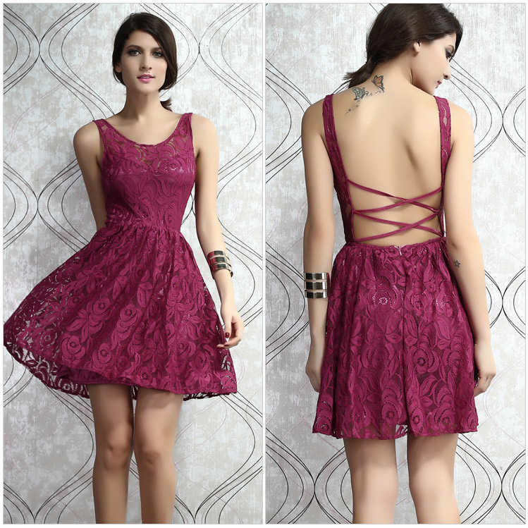 Summer Sexy Backless A-line Sleeveless Lace Casual Dress