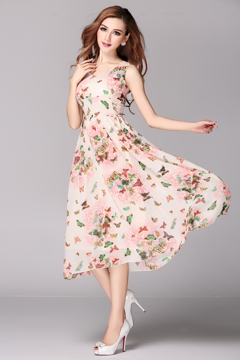 Summer V-Neck Sleeveless A-Line Print Chiffon Casual Maxi Dress on Luulla