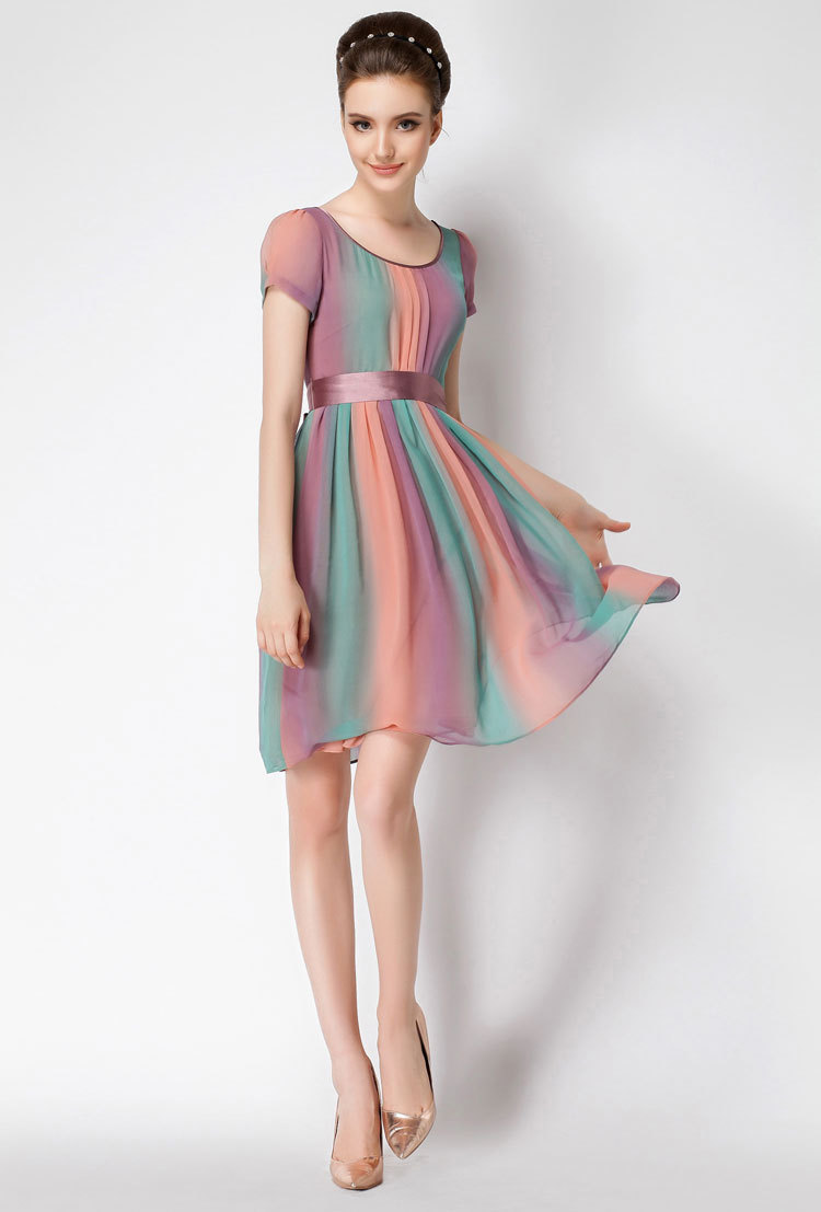 Summer O-neck Short Sleeve A-line Print Slim Casual Dress For Women