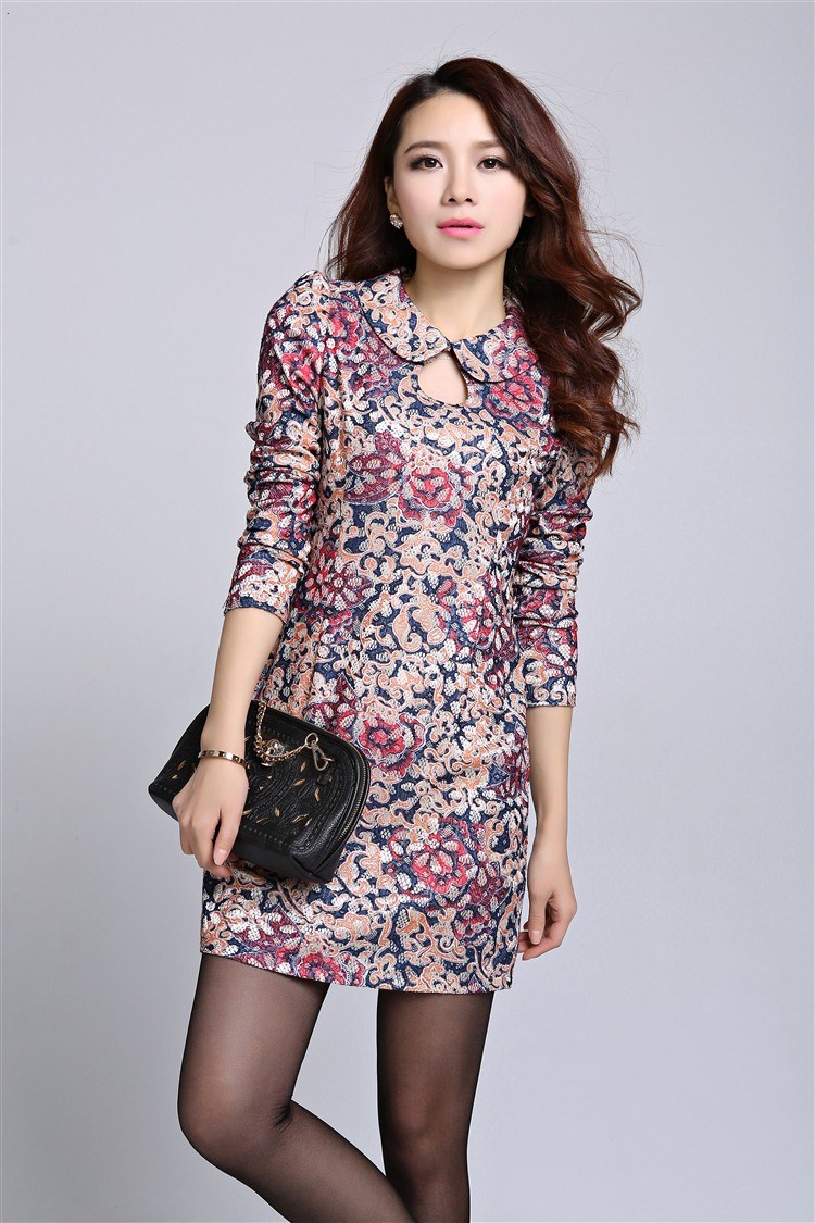 Vintage Turn-down Collar Long Sleeve Floral Print Women Dress For Autumn&winter