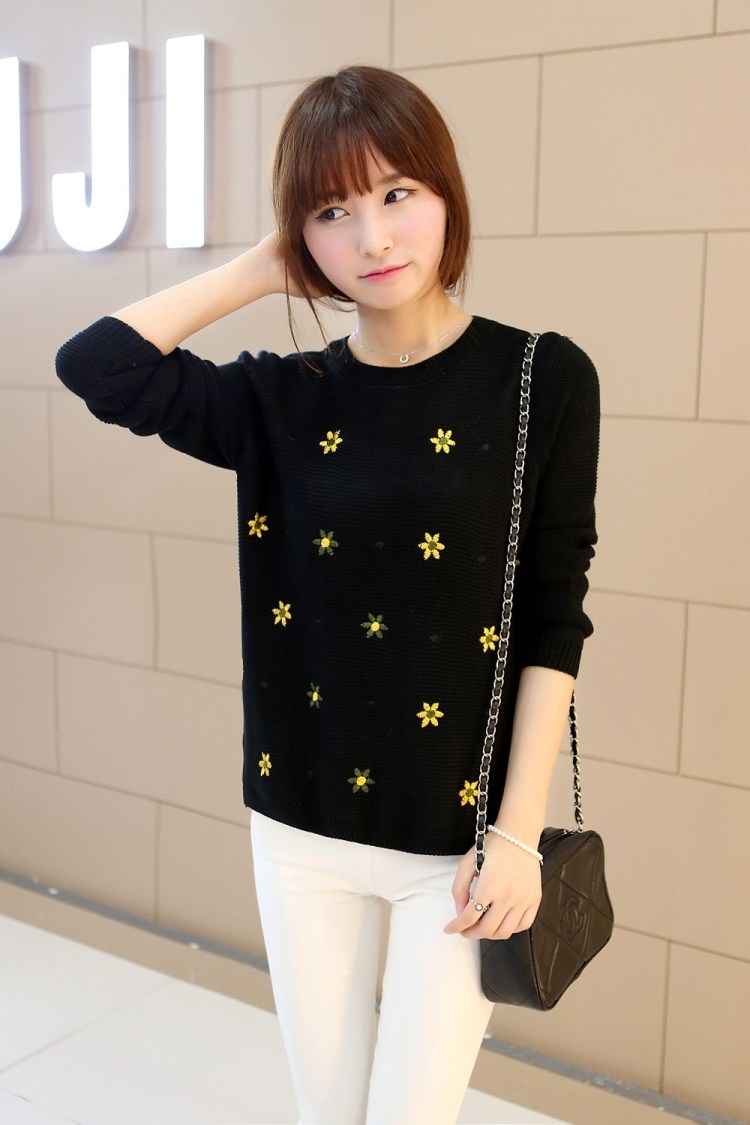 Autumn Winter O-neck Long Sleeve Floral Print Knit Sweater Pullovers