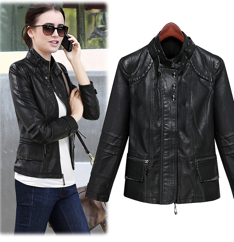 Stand Collar Long Sleeve Zipper Casual Women Pu Leather Jacket Coat ...