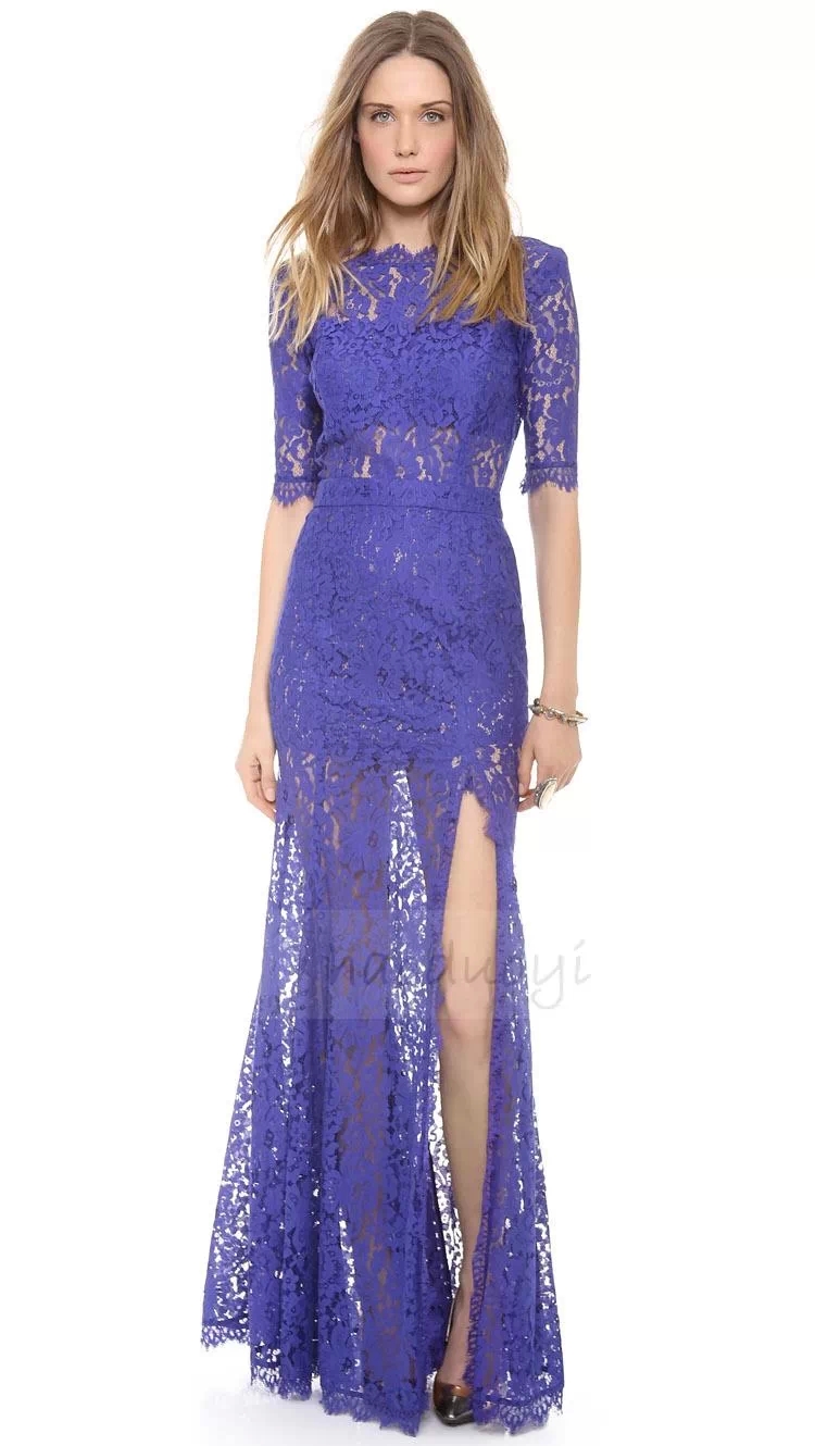 Half Sleeve Lace Top Dress with Slit Ink Blue