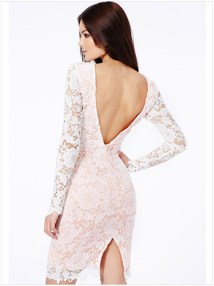 Sexy Backless Long Sleeve Floral Lace Dress Women Party Dress