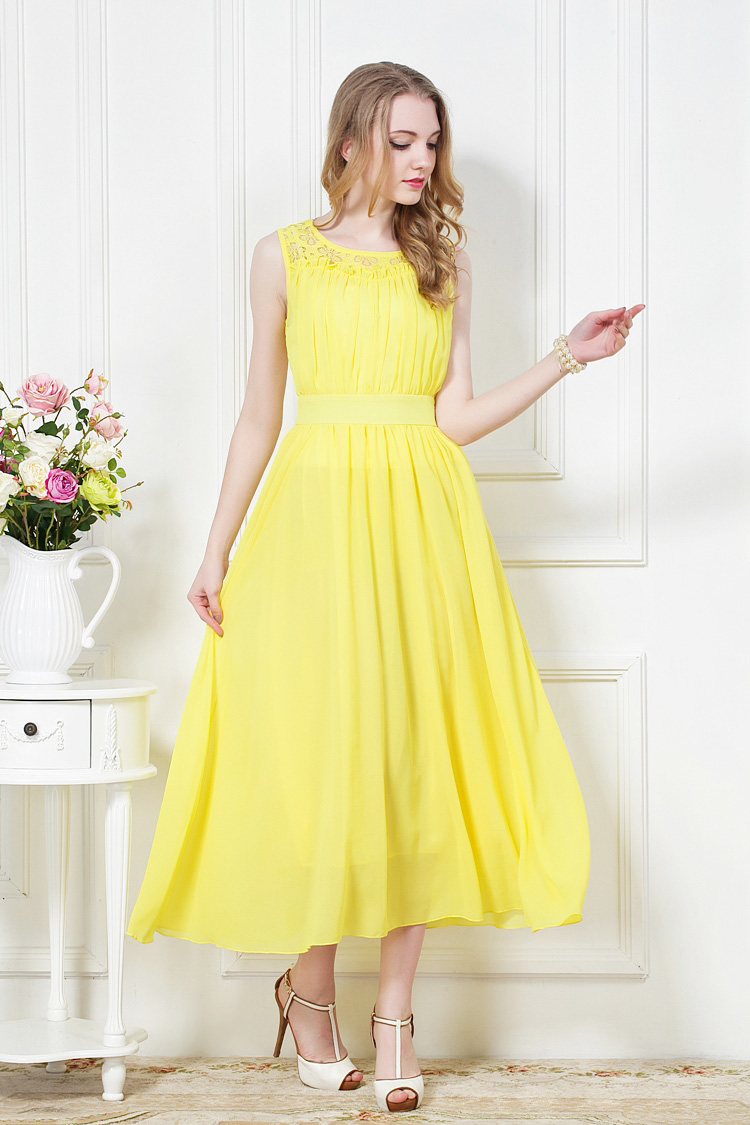 2014 Summer Women Yellow Lace Chiffon Dress Bohemian Beach Dress ...