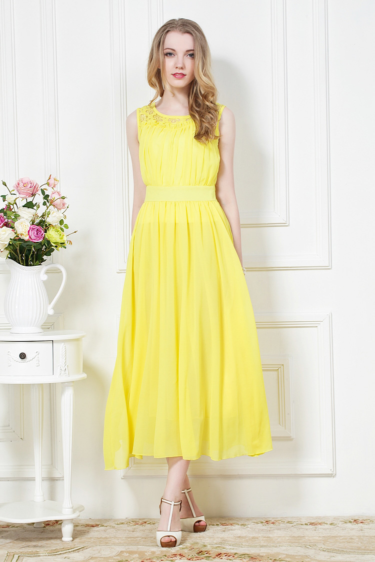 2014 New Summer Women Yellow Lace Chiffon Dress Bohemian Beach Dress