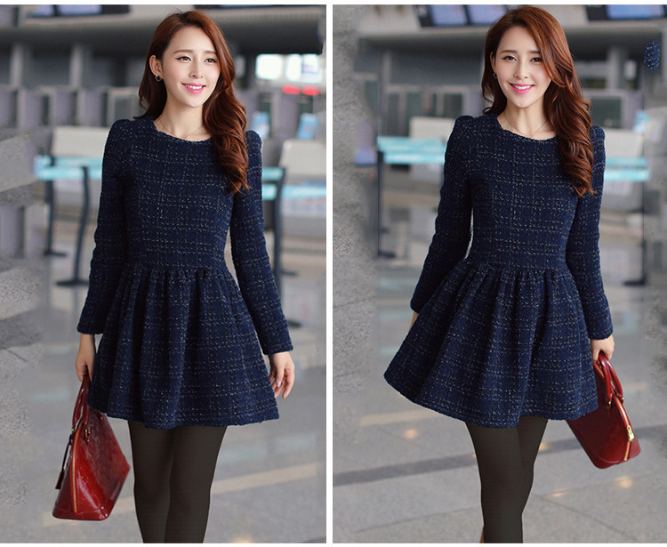 Women O-neck Long Sleeve A-line Woolen Casual Dress Autumn Winter Dress ...