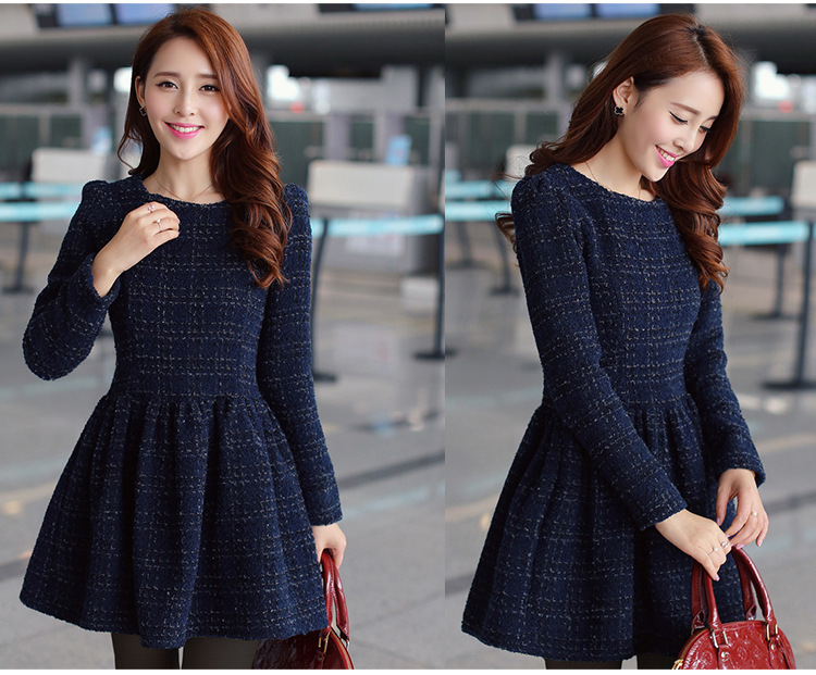 Women O-neck Long Sleeve A-line Woolen Casual Dress Autumn Winter Dress ...