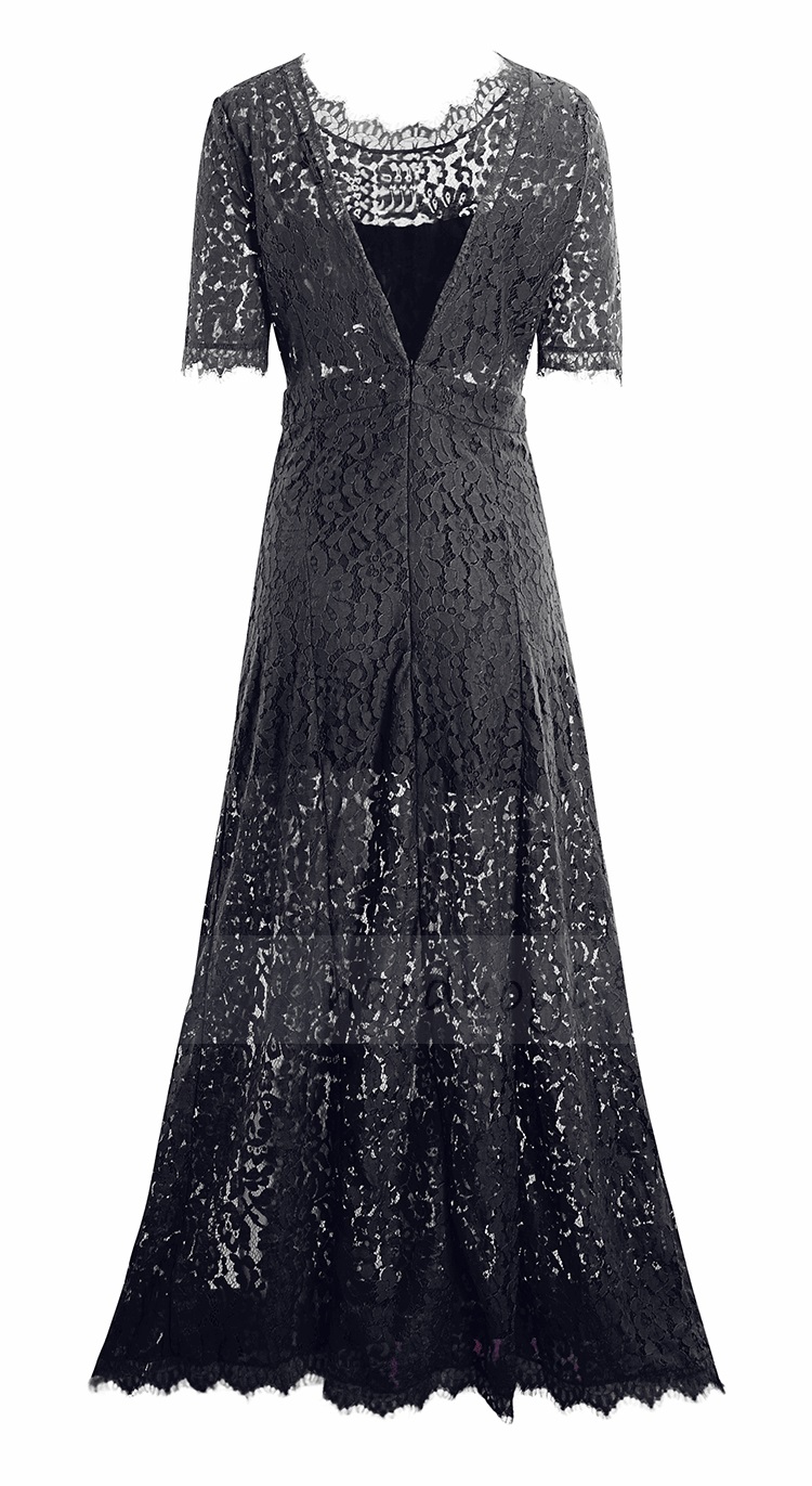 Lace Short Sleeve Elegant Slim Open Back Long Women Party High Waist Midi Dress